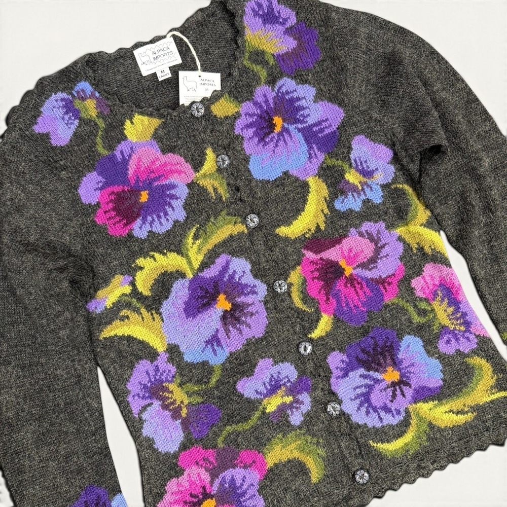 NWT Alpaca Imports Handmade Peru Alpaca Wool‎ Floral Intarsia Cardigan Sweater M